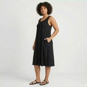 Eileen Fisher Black Viscose Jersey Stretch Tank Midi A-Line Dress Pockets Sz L*